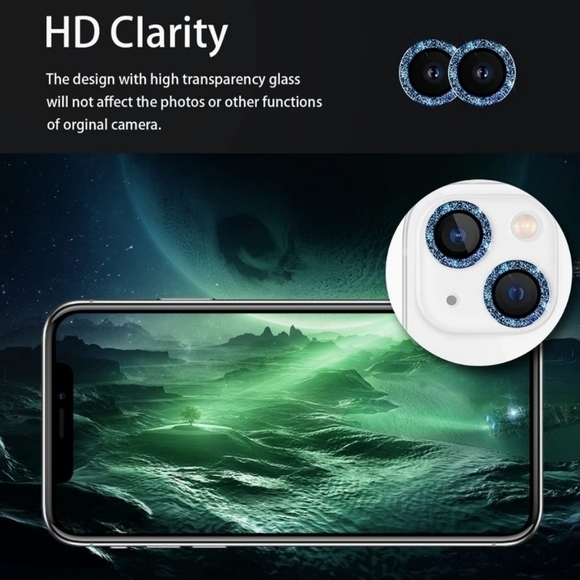 Camera lens tempered glass protector Glitter Blue for iPhone 13, Iphone 13 Mini - Picture 3 of 6